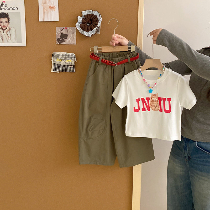 女童韩版简约字母短袖T恤两件套女孩春夏季休闲百搭阔腿裤子套装