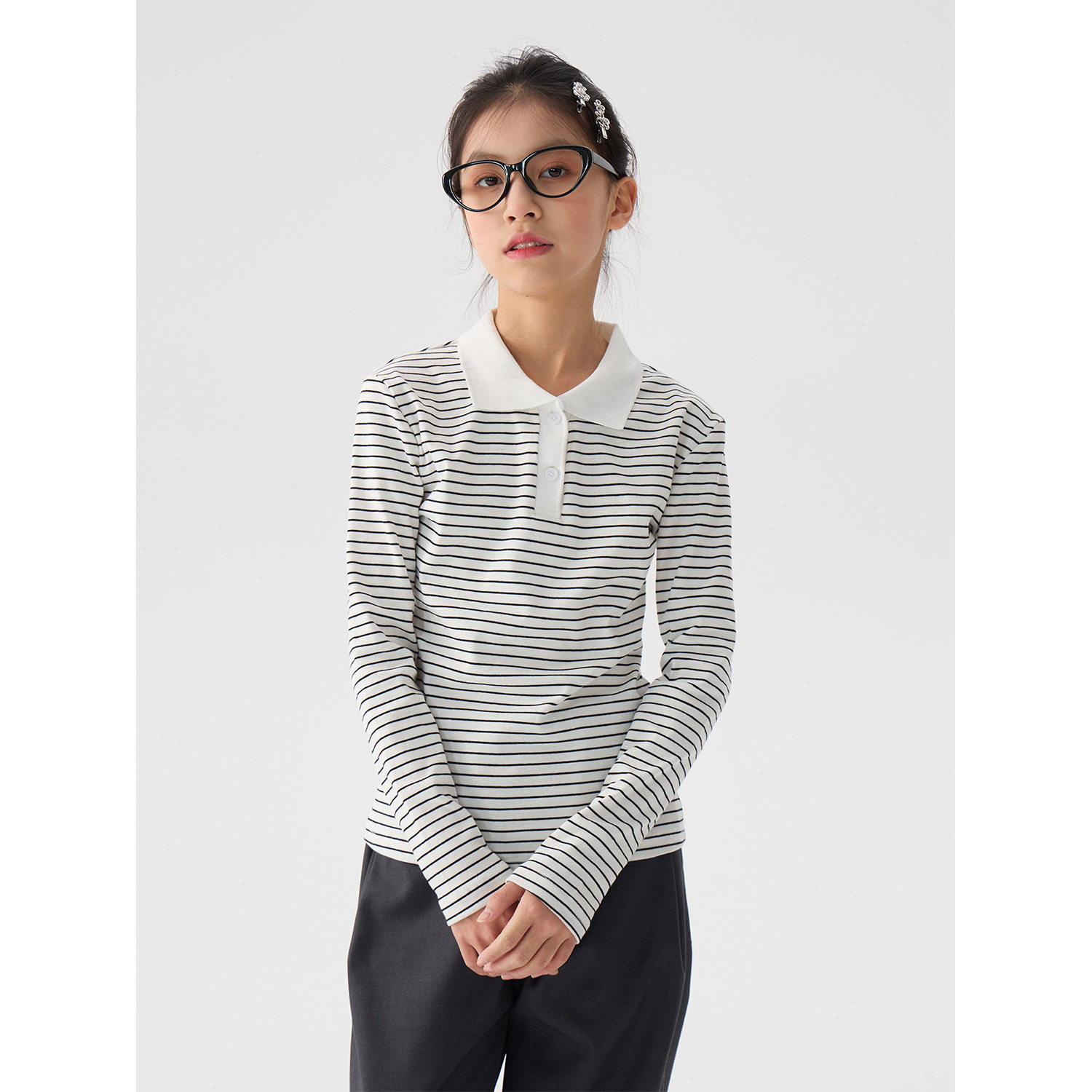 女童polo领条纹t恤2026春装新款儿童韩版洋气长袖宽松休闲打底衫