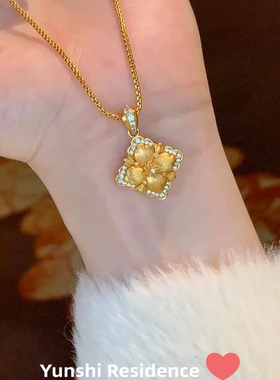 韵饰居~中古黄金色拉丝四叶草吊坠项链 性感成熟白领穿戴