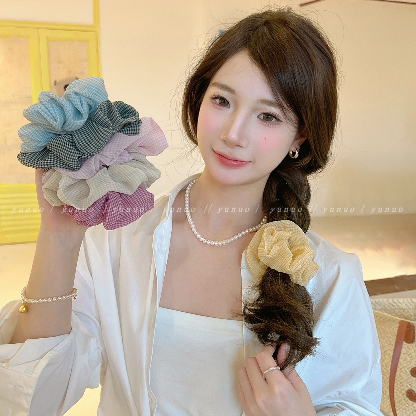 夏季格子雪纺大肠发圈女高级感