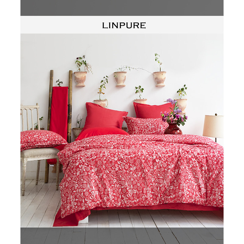 蓝铂婚庆结婚四件套大红色全棉80支色织大提花床品套件十里红妆