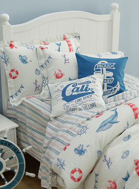 蓝铂海洋风亚麻棉四件套比利时纯亚麻手绘印花蓝色凉爽透气床品