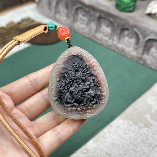 高端牛角非料黑金坠牌平安无事爆满鱼籽纹养生仙品工艺品雕刻吊坠
