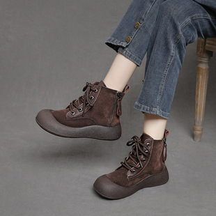 女秋冬季新款英伦风真皮松糕系带厚底加绒二棉鞋头层牛皮厚底短靴