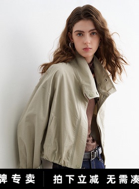 「New! 新品尝鲜」初语TOYOUTH浅灰绿色短款花苞廓形条纹翻袖夹克