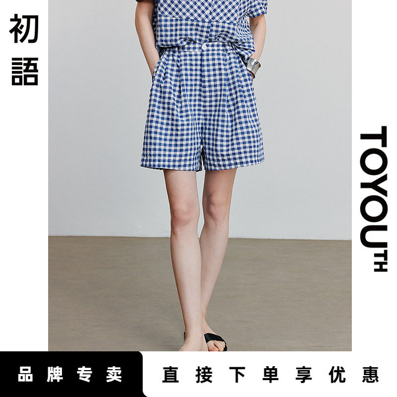 初语复古格纹航海风阔腿短裤女2025夏季新款松紧腰慵懒休闲裤子