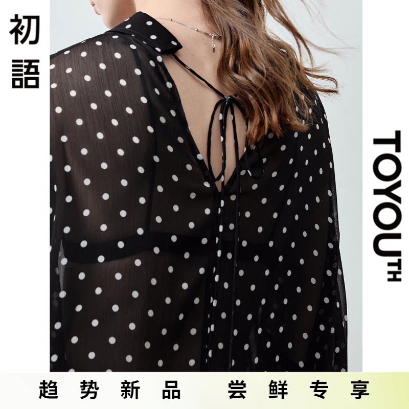 「New! 新品尝鲜」初语TOYOUTH轻熟波点雪纺衫黑色长袖夏季上衣薄