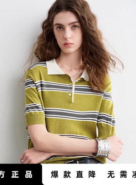 「Hot! 爆款直降」初语TOYOUTH条纹POLO衫莱赛尔亚麻短袖针织上衣