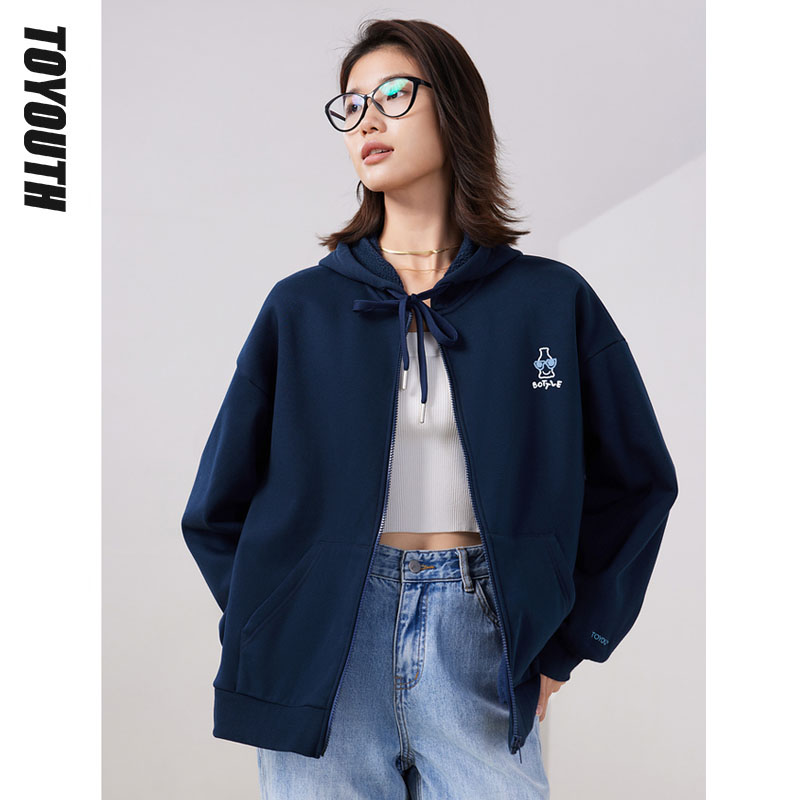 初语连帽卫衣开衫女士帽衫宽松2023秋季新款加绒加厚拉链外套外搭