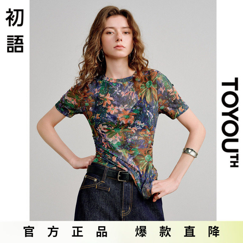 「Hot! 爆款直降」初语TOYOUTH网纱印花短袖T恤设计短款收腰上衣