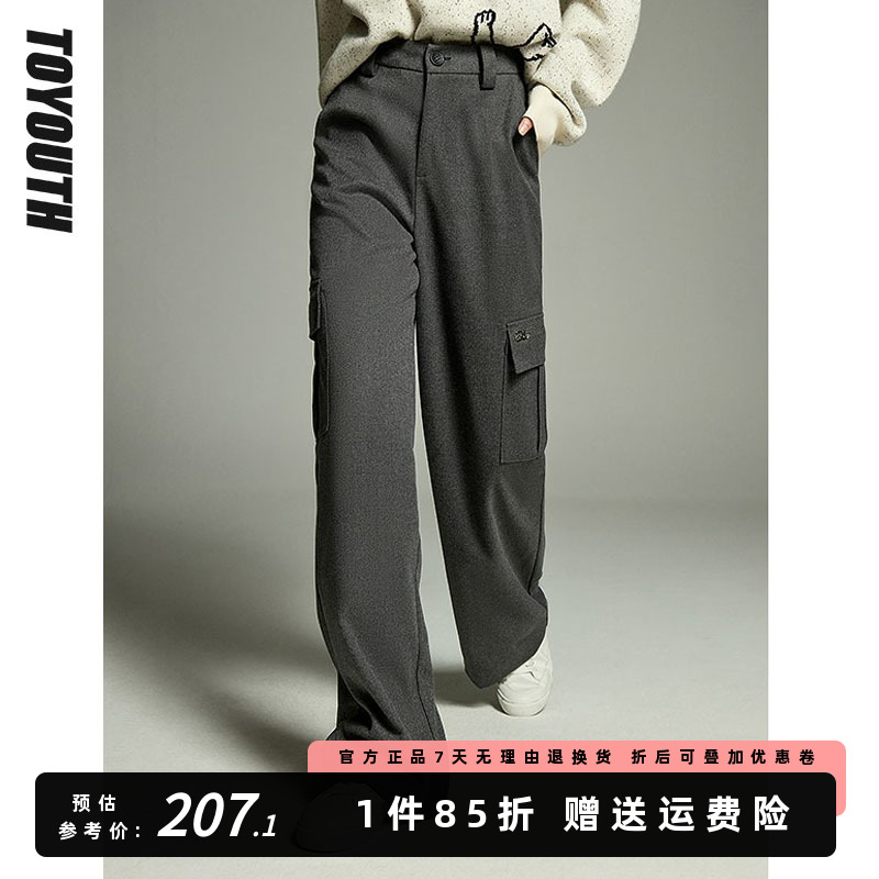 初语深灰色工装风宽松直筒休闲裤女长裤2023冬季新款加厚保暖裤子