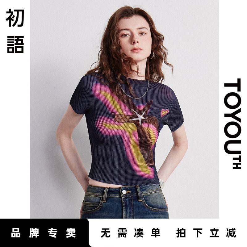 「Sale! 限时直降」初语TOYOUTH修身显瘦时髦短袖t恤短款雪纺上衣