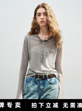 「New! 新品尝鲜」初语TOYOUTH浅灰色轻薄微透喇叭袖长袖针织衫