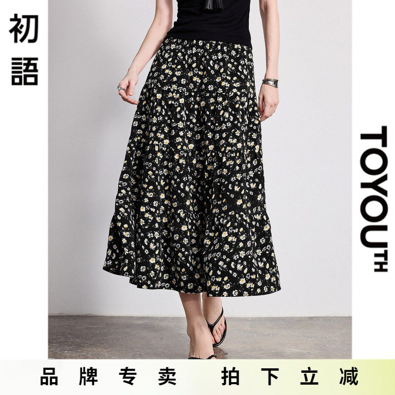 「New! 新品尝鲜」初语TOYOUTH松紧腰碎花拼接蛋糕裙黑色半身裙