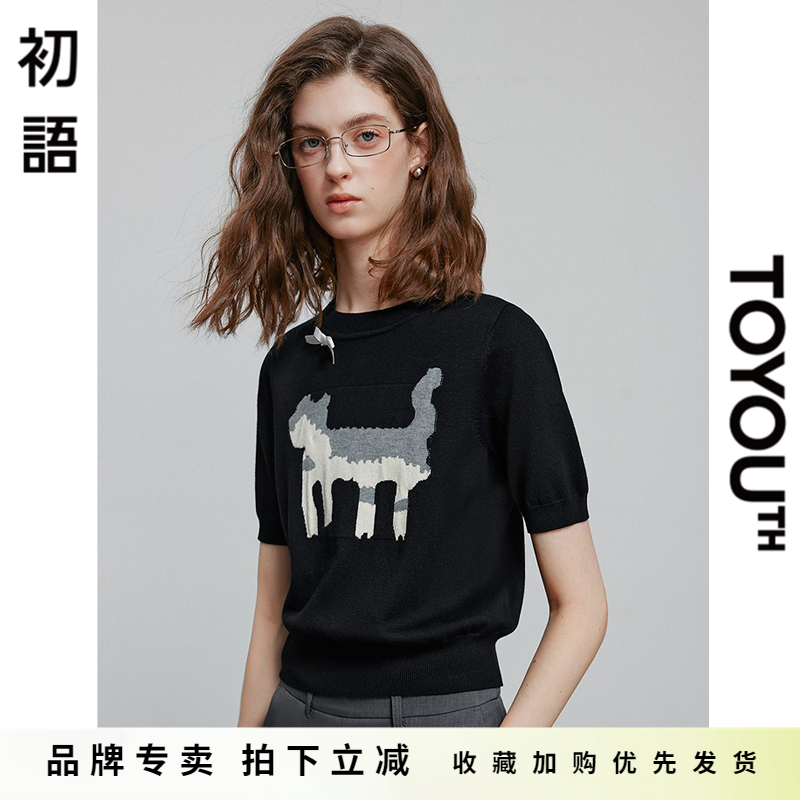 初语蝴蝶结可爱猫咪提花针织衫女2025夏季新款圆领小衫减龄上衣