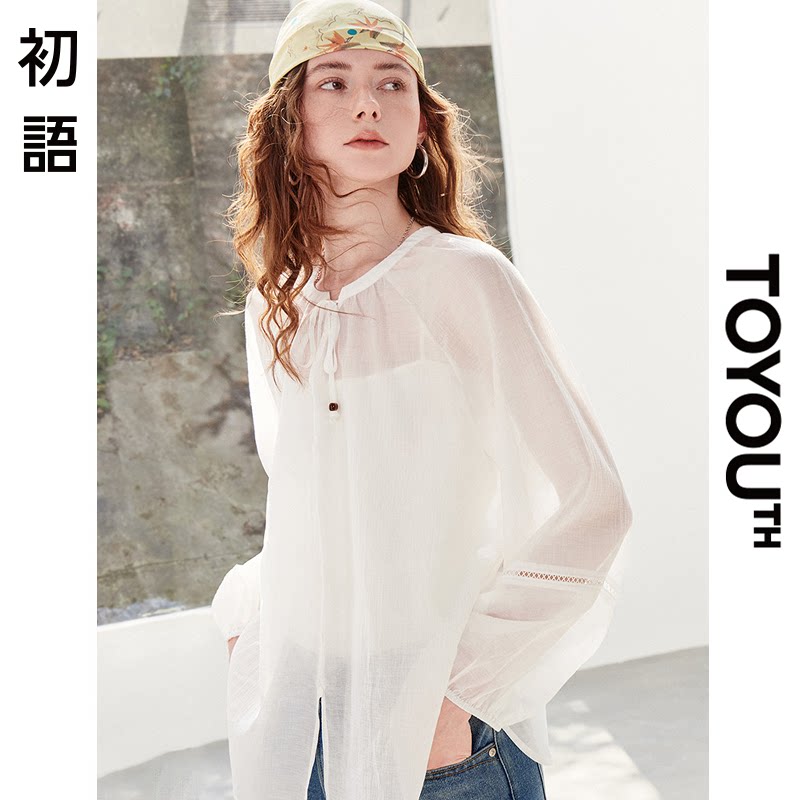 「New! 新品尝鲜」初语TOYOUTH系带圆领白色宽松长袖轻薄款衬衫