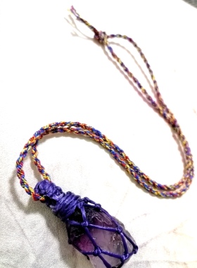 貔貅阁珠宝 原野 天然紫萤石网兜石编织水晶手作简单蜡绳吊坠项链