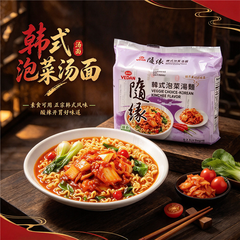 台湾进口随缘韩式泡菜汤面素食纯素方便面斋面泡面火锅面方便即食