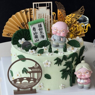 新中式 扮插件配件 木质祝寿蛋糕装 饰仙鹤祥云爷爷奶奶生日烘焙装