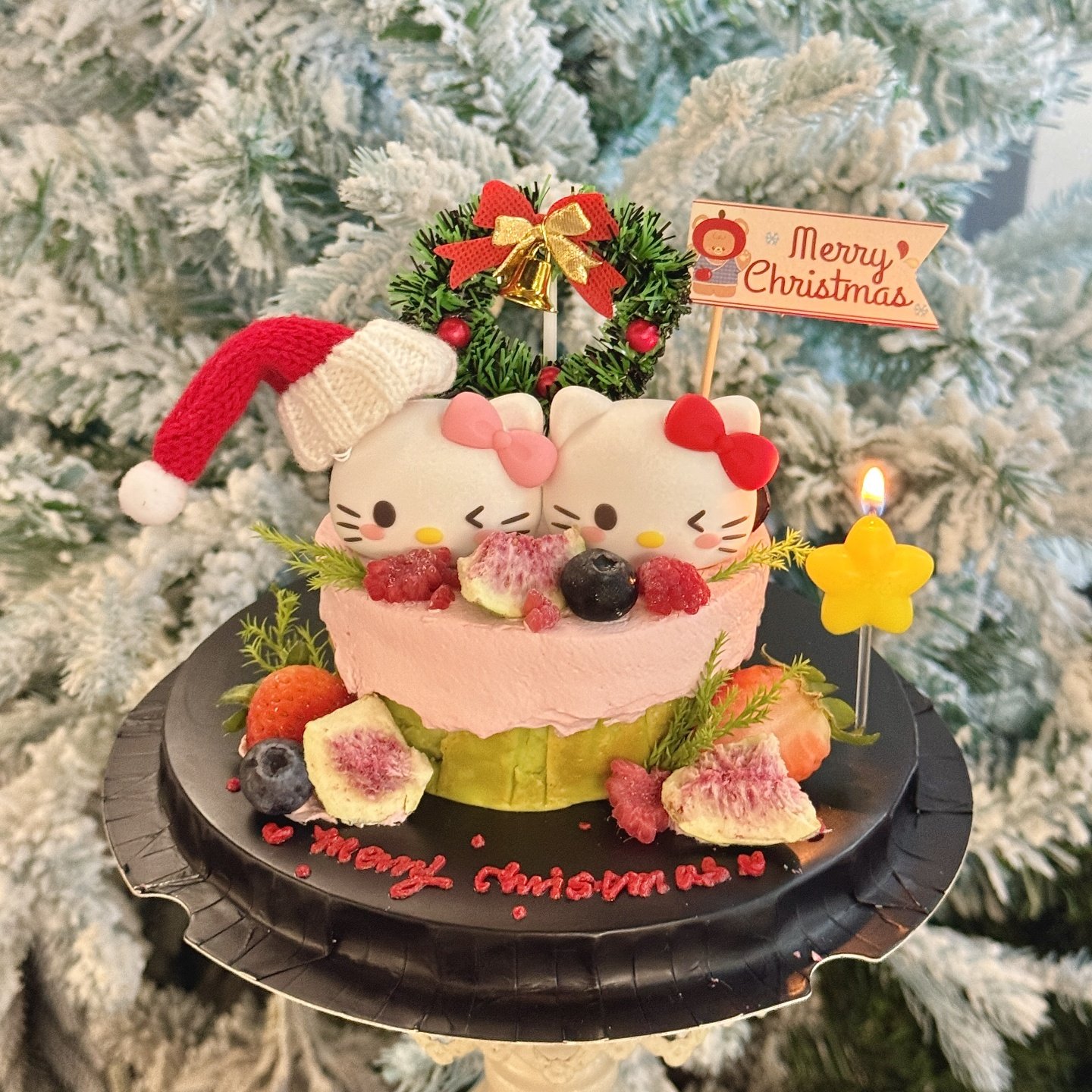 网红圣诞节可爱KT猫巴斯克蛋糕装饰摆件圣诞帽kitty小熊插件插旗