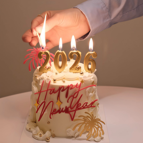 网红新年2026数字蜡烛蛋糕装饰摆件跨年除夕夜元旦礼花亚克力插件
