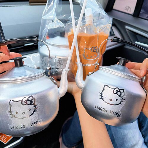 网红水吊子奶茶水壶复古银色烧水壶小猫水吊子茶壶水壶蛋糕装饰