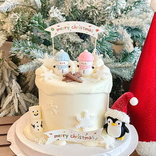 网红2026圣诞节雪人蛋糕装饰小企鹅摆件圣诞快乐横幅插旗雪花装扮
