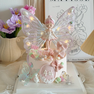 网红舞裙贝拉公主蛋糕装饰摆件白色刺绣蝴蝶带灯女孩女生生日装扮