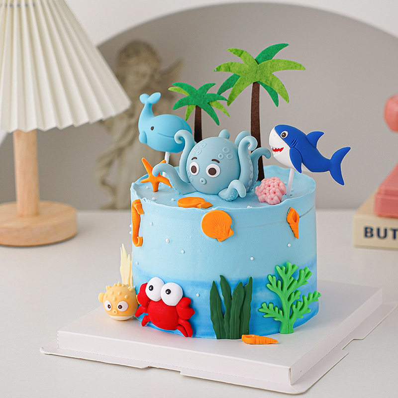 卡通海洋世界蛋糕装饰摆件可爱大章鱼螃蟹海底动物系列生日装扮