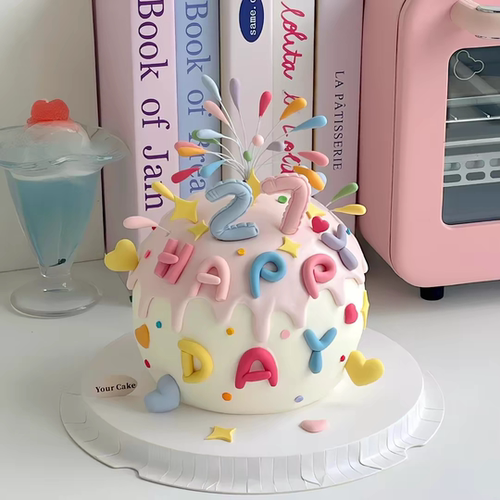 网红同款氛围感礼花蛋糕装饰happy插件多巴胺星星生日甜品台彩色