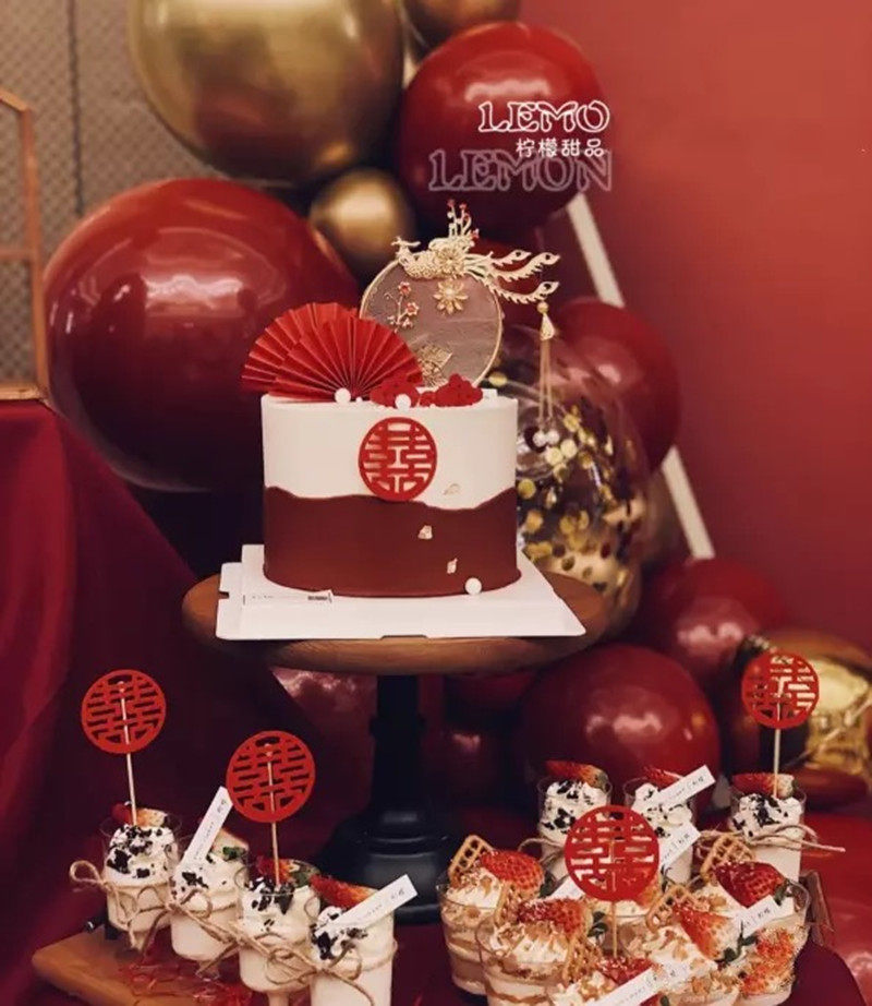 中式蛋糕装饰摆件订婚结婚纪念日甜品台红色喜字双喜插牌插件装饰