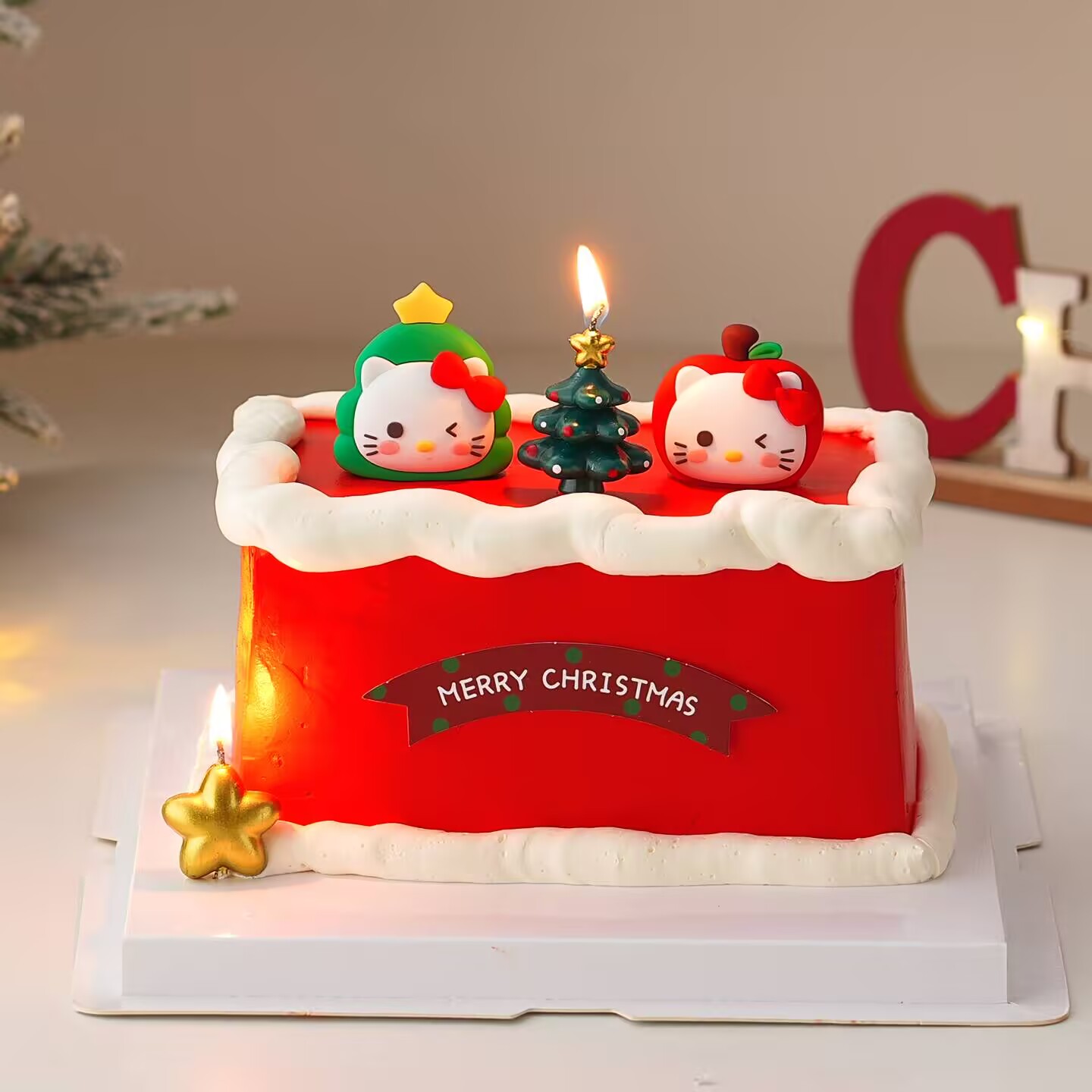 网红圣诞节蛋糕装饰KT猫摆件苹果圣诞树kitty五角星蜡烛装扮插件