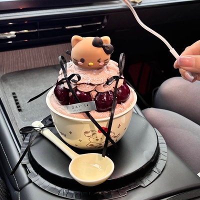 网红圣诞节新年黑皮KT猫车厘子碗蛋糕装饰Hellokitty樱桃碗蛋糕碗