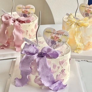 38女神节蛋糕装饰褶皱丝带蝴蝶结装扮三八女王节快乐爱心卡片插件