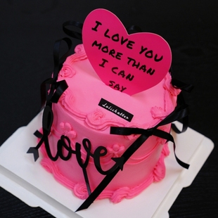 网红情人节芭蕾风蛋糕装 饰摆件玫红色爱心卡片黑色丝带love插件