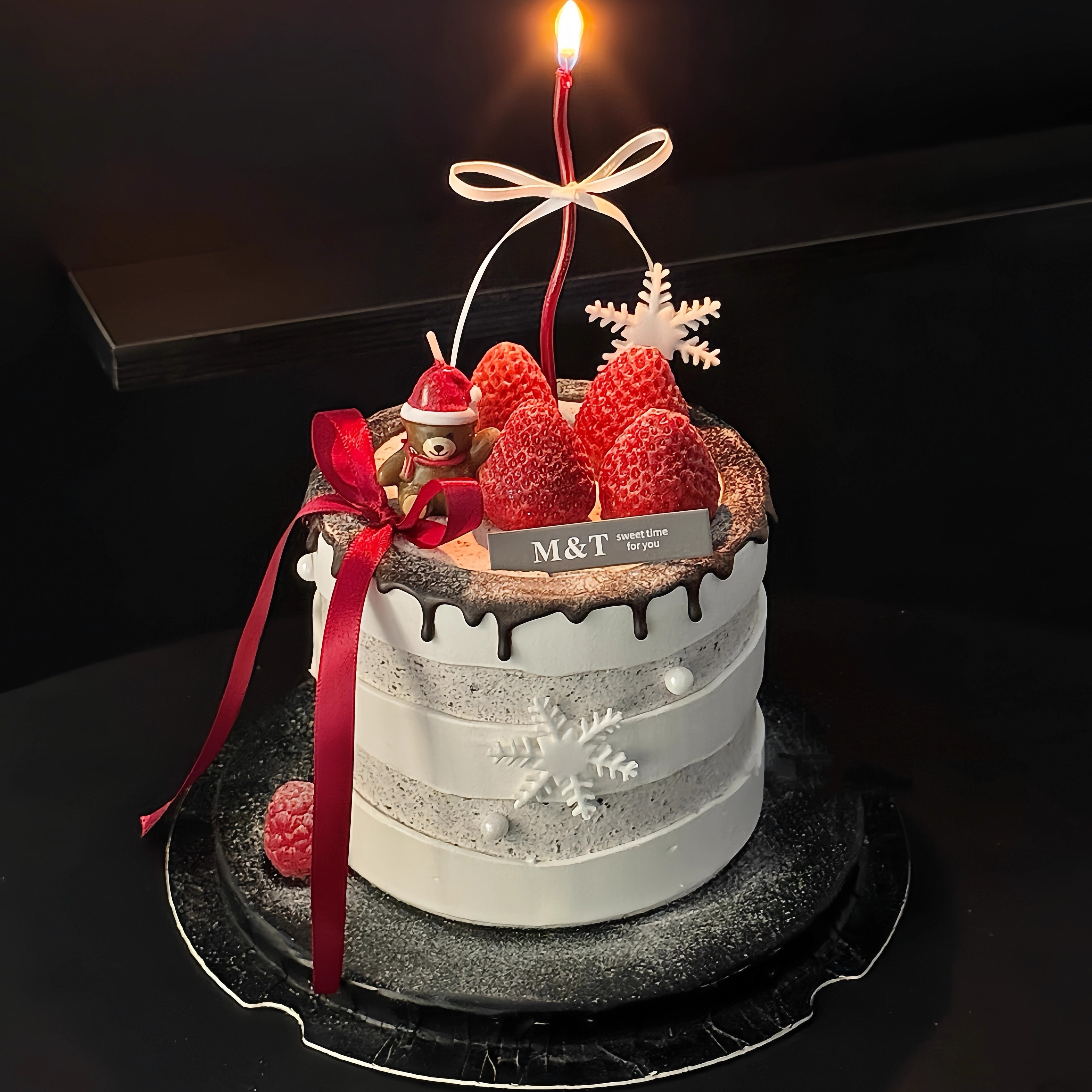 2026网红ins风圣诞节草莓蛋糕装饰圣诞小熊蜡烛摆件雪花甜品装扮