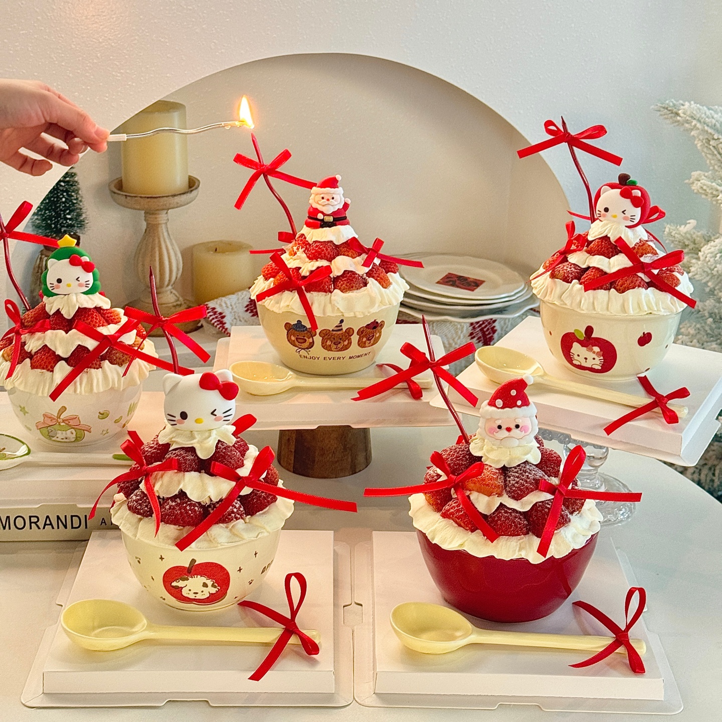 2026圣诞节新年草莓碗蛋糕装饰圣诞老人雪人kt猫蛋糕碗甜品陶瓷碗