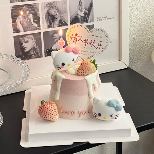 网红520情人节Kitty蛋糕装饰摆件情侣kt猫节日装扮插件爱心插牌