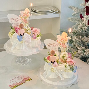 38女神节蝴蝶结花束卡片纸杯蛋糕装饰插牌女王节背影女神装扮摆件