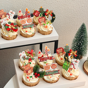 2026圣诞节熊兔纸杯蛋糕装 扮插件 饰插牌圣诞草圈铃铛蝴蝶结烘焙装