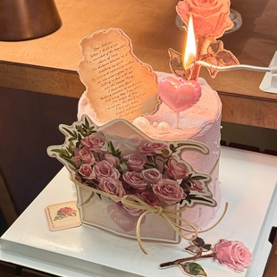 214情人节蛋糕装饰玫瑰花信封贺卡插牌情侣节日爱心蜡烛装扮插件