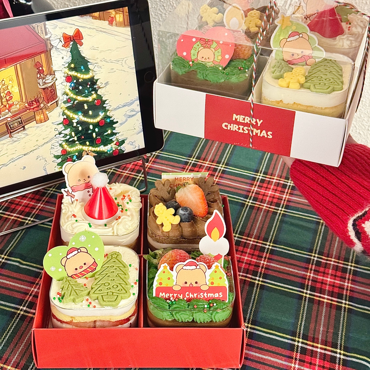 2026圣诞节四宫格甜品盒包装盒蛋糕装饰可爱小熊插件圣诞手提盒