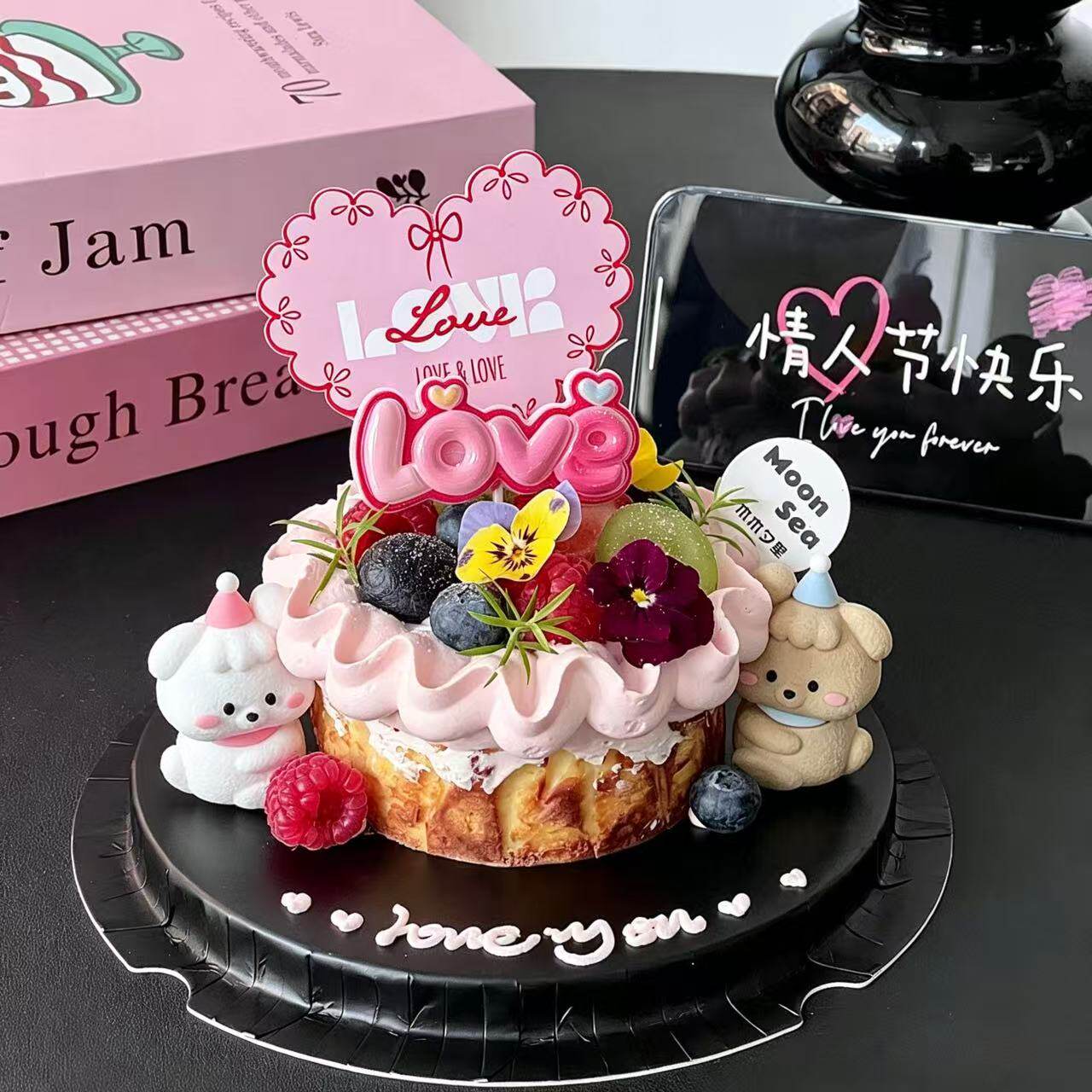 520情人节巴斯克蛋糕装饰爱心卡片插牌软胶情侣修狗甜品烘焙摆件