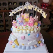 卡通布布bubu蛋糕装 饰摆件坐姿小兔子生日快乐灯儿童甜品台烘焙