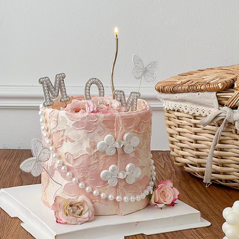 2024母亲节樱花浮雕布艺围边蛋糕装饰品珍珠MOM插件蝴蝶装扮插牌