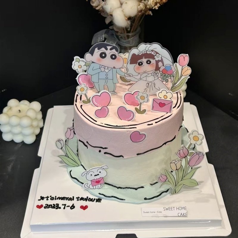 网红蜡笔小新情侣蛋糕装饰纪念日我们结婚啦新娘新郎订婚甜品装扮