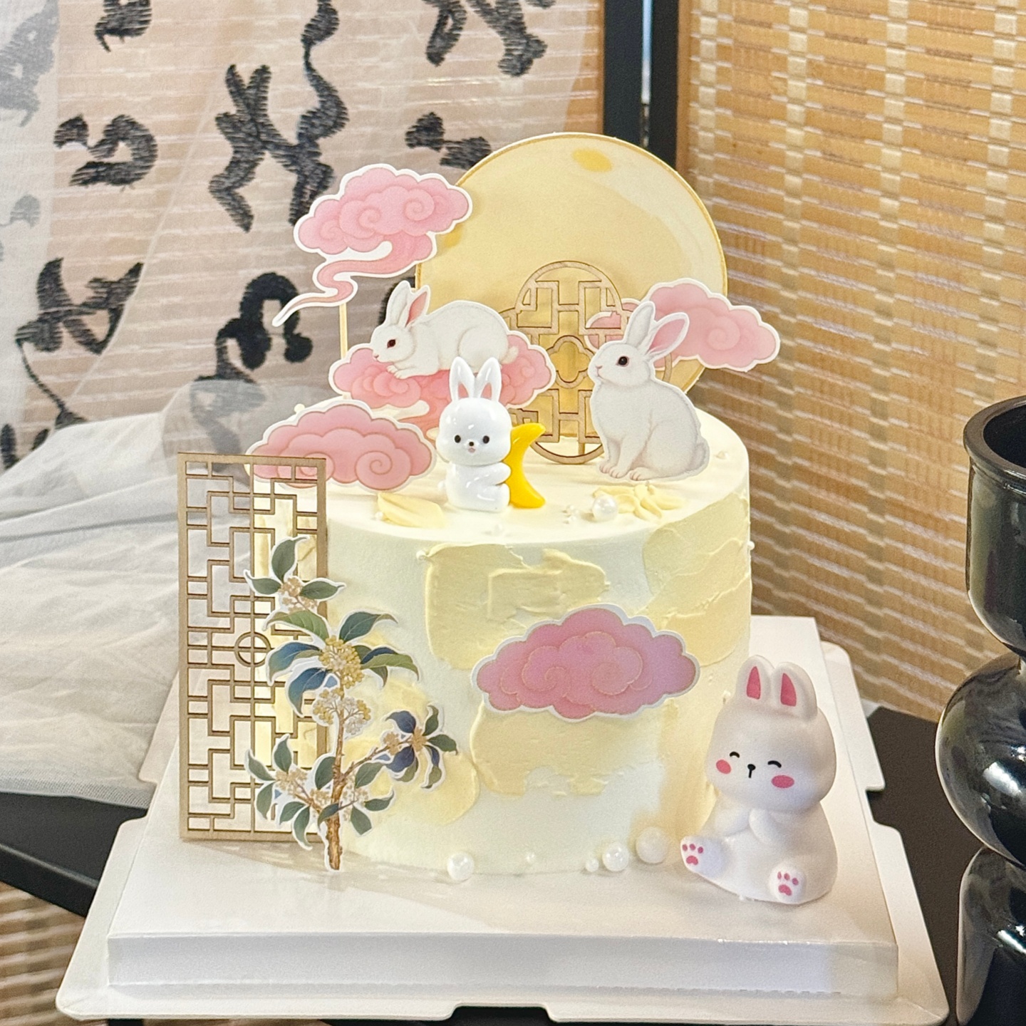 2025中秋节月饼小兔子蛋糕装饰摆件八月十五月圆桂花树插牌插件