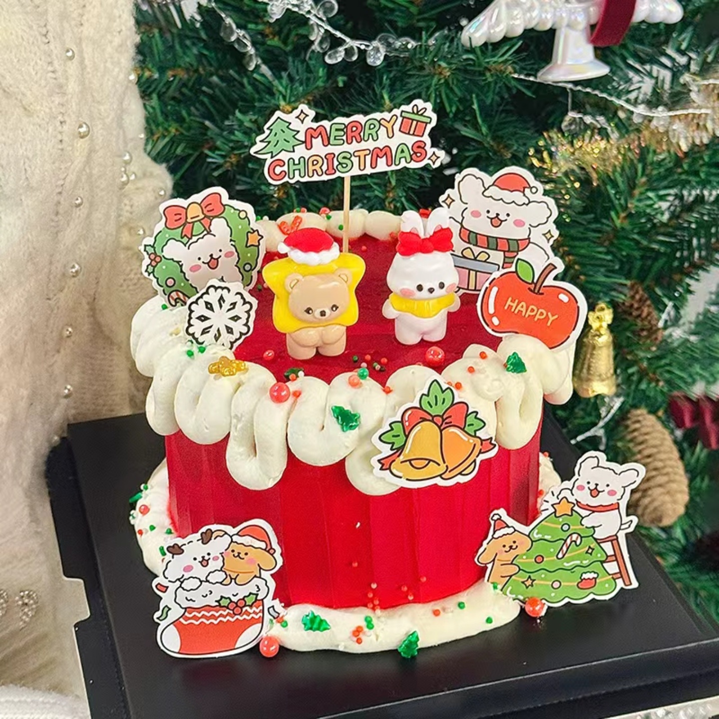 2026圣诞节星星小熊小兔子蛋糕装饰摆件可爱圣诞线条小狗插牌插件