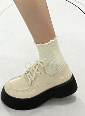 甜桃泡泡厚底白色小皮鞋女春季玛丽珍百搭圆头松糕复古英伦风鞋子