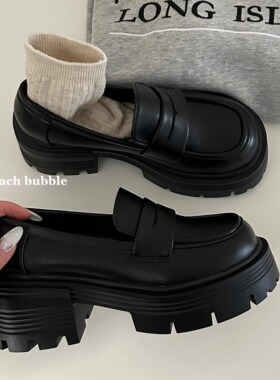 甜桃泡泡厚底粗跟乐福鞋女2025新款春季小个子增高英伦复古小皮鞋